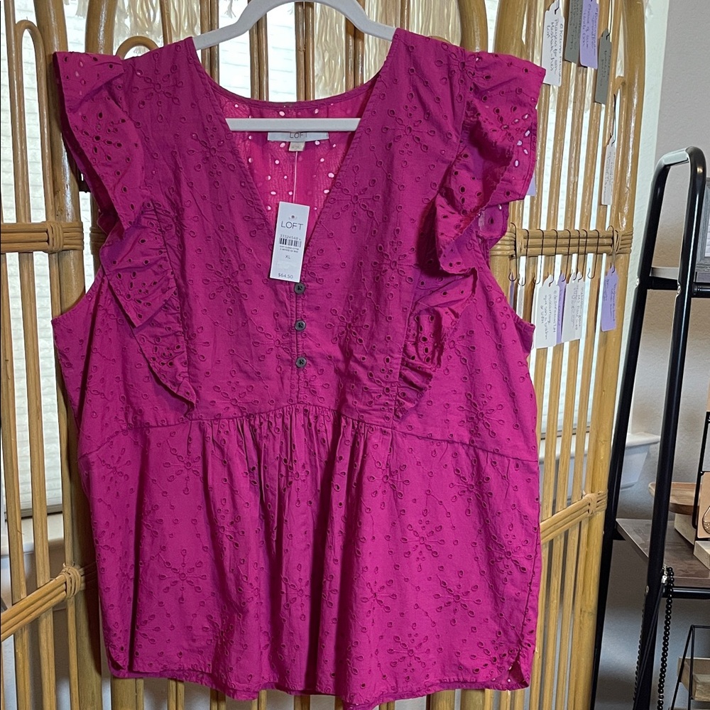 LOFT Magenta Eyelet Ruffle Blouse
